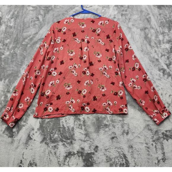Forever 21 Top Womens M Pink Floral V-Neck Long Sleeve Button Front Preppy - Picture 3 of 9